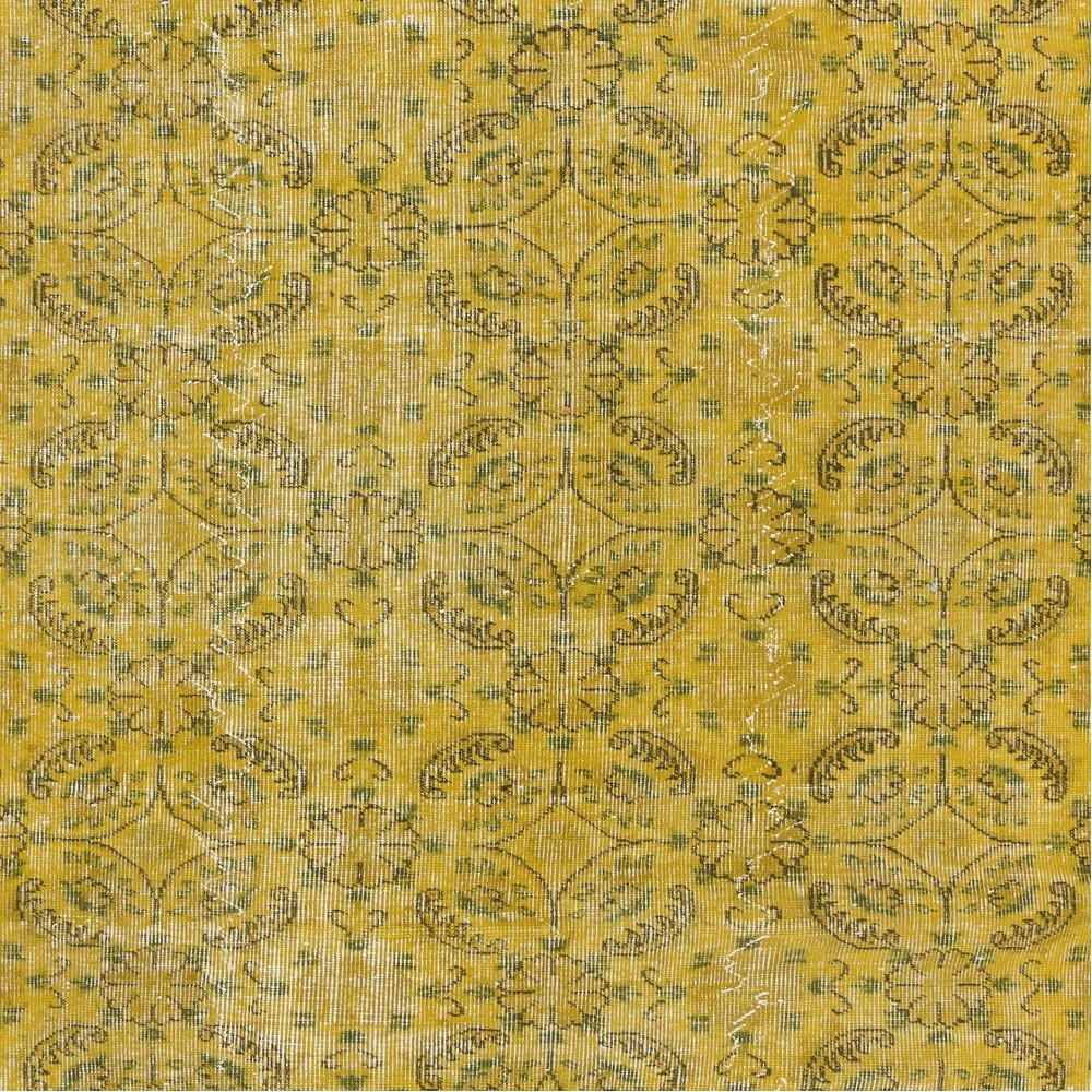 Handmade Floral Pattern Turkish Area Rug with Amber Yellow Border & Mustard Yellow Background