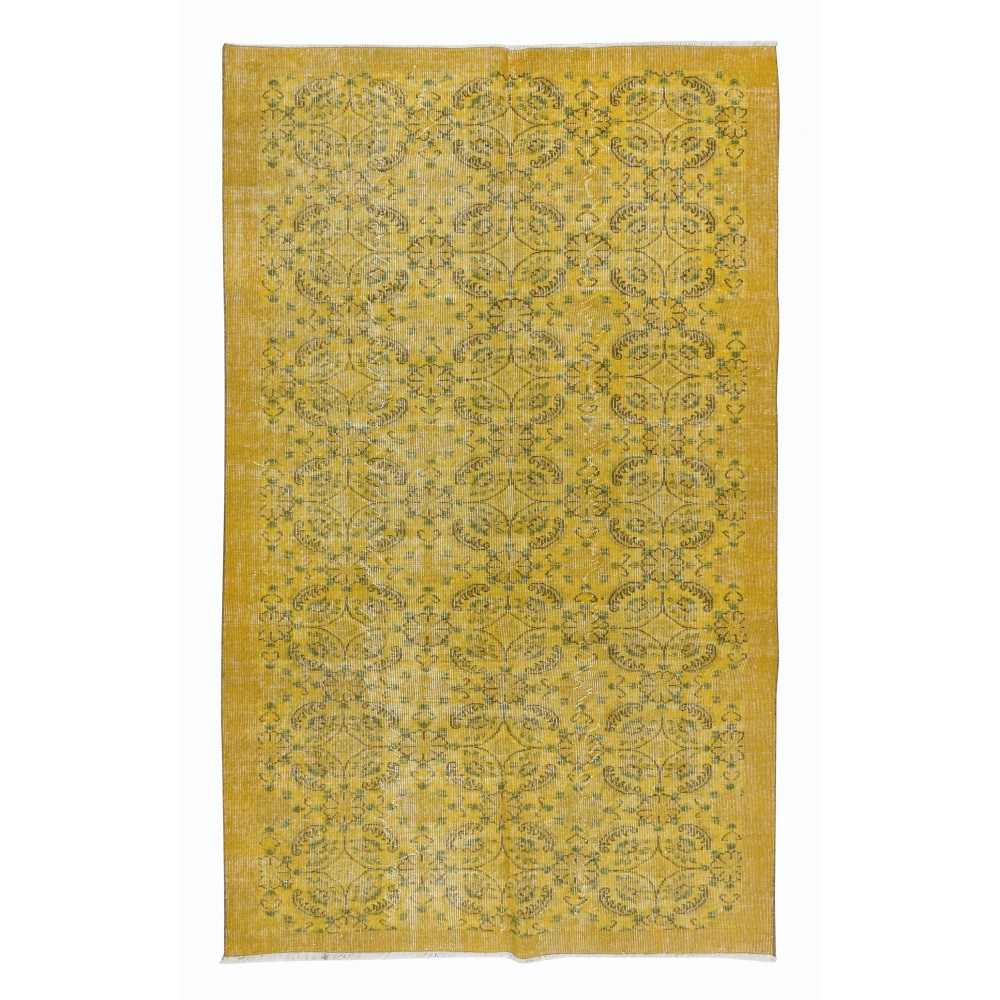 Handmade Floral Pattern Turkish Area Rug with Amber Yellow Border & Mustard Yellow Background