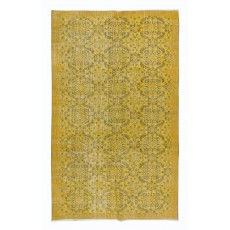 Handmade Floral Pattern Turkish Area Rug with Amber Yellow Border & Mustard Yellow Background