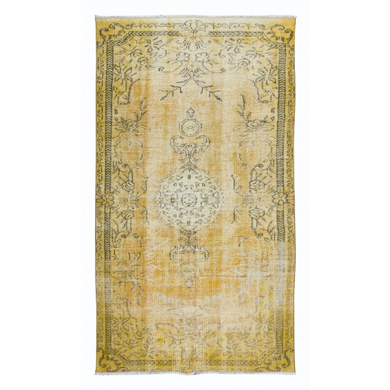 Distressed Handmade Turkish Modern Rug in Yellow, Vintage Anatolian Wool Carpet