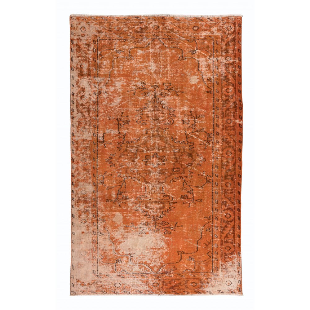 Handmade Turkish Area Rug with Shabby Chic Style in Orange Tones, Distressed Vintage Carpet