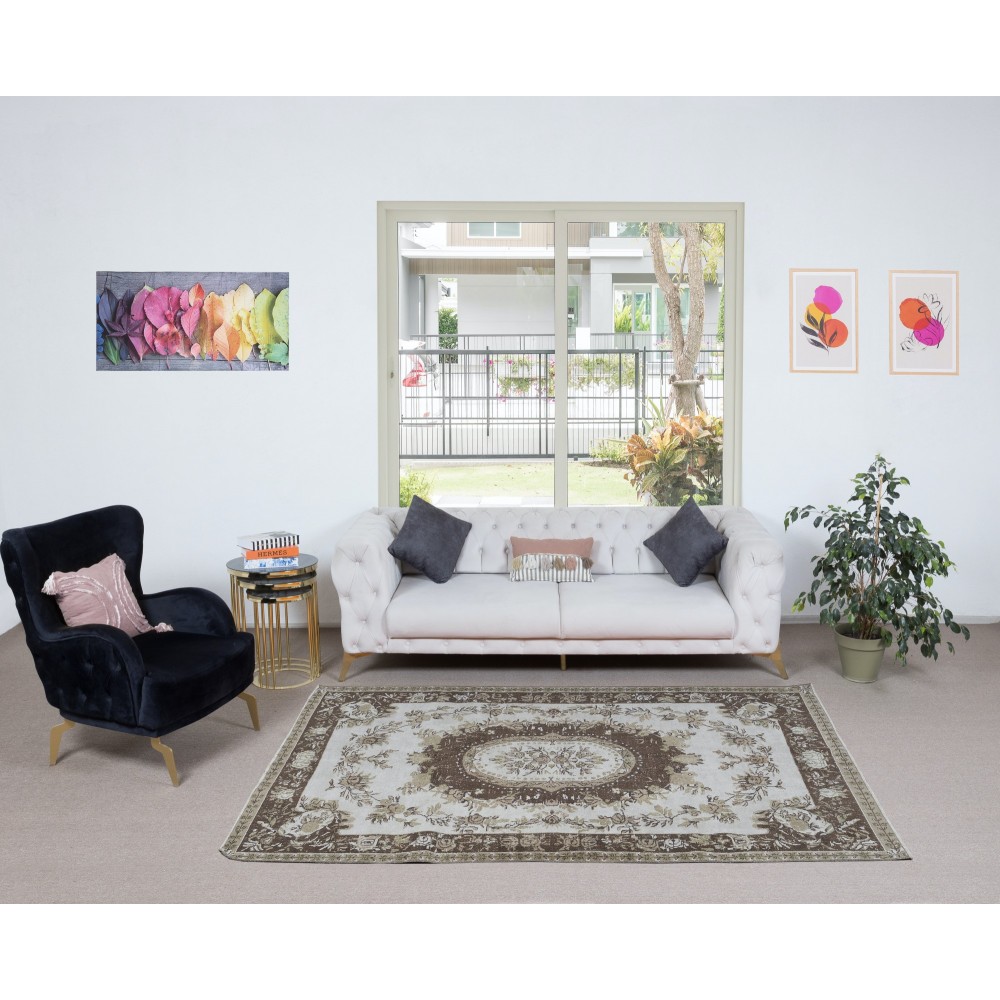 Classic Aubusson Inspired Vintage Rug in Beige and Brown, Sun Faded Hand Knotted Wool Carpet