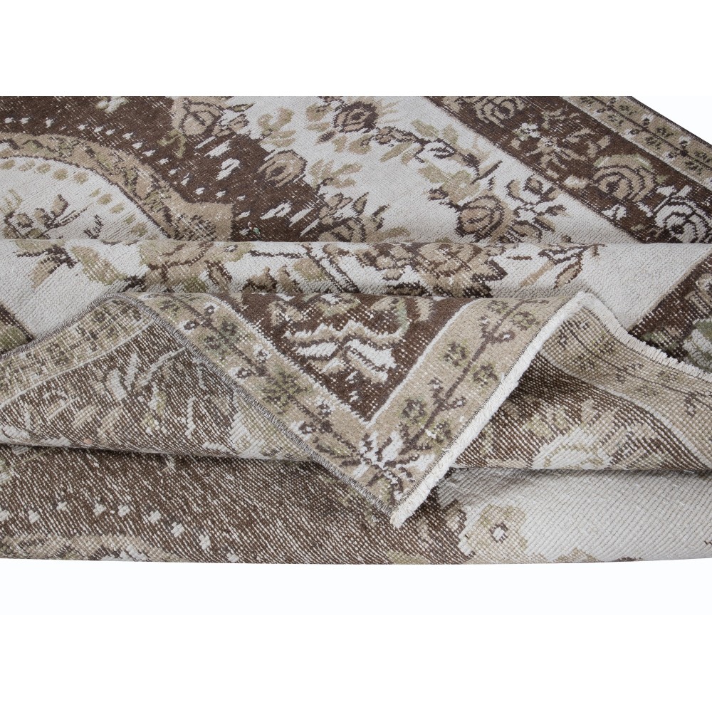 Classic Aubusson Inspired Vintage Rug in Beige and Brown, Sun Faded Hand Knotted Wool Carpet