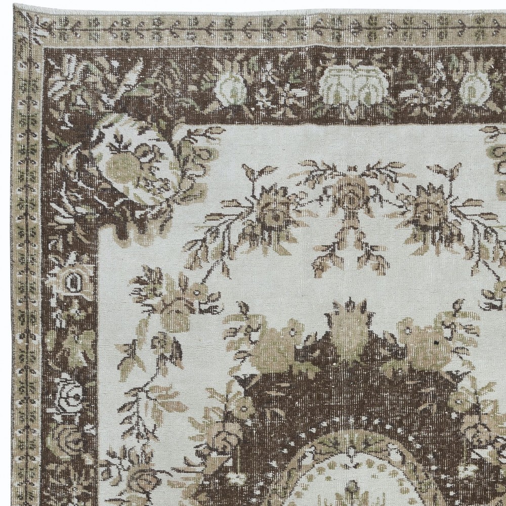 Classic Aubusson Inspired Vintage Rug in Beige and Brown, Sun Faded Hand Knotted Wool Carpet