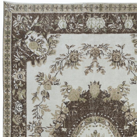 Classic Aubusson Inspired Vintage Rug in Beige & Brown, Sun Faded Hand Knotted Carpet from Central Anatolia