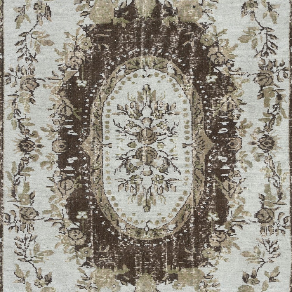 Classic Aubusson Inspired Vintage Rug in Beige and Brown, Sun Faded Hand Knotted Wool Carpet