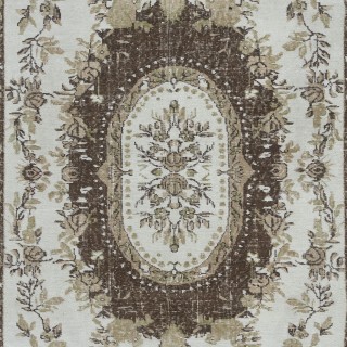 Classic Aubusson Inspired Vintage Rug in Beige and Brown, Sun Faded Hand Knotted Wool Carpet