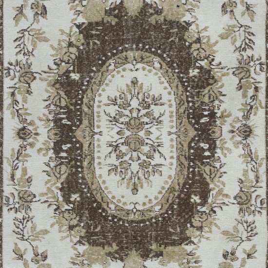 Classic Aubusson Inspired Vintage Rug in Beige & Brown, Sun Faded Hand Knotted Carpet from Central Anatolia