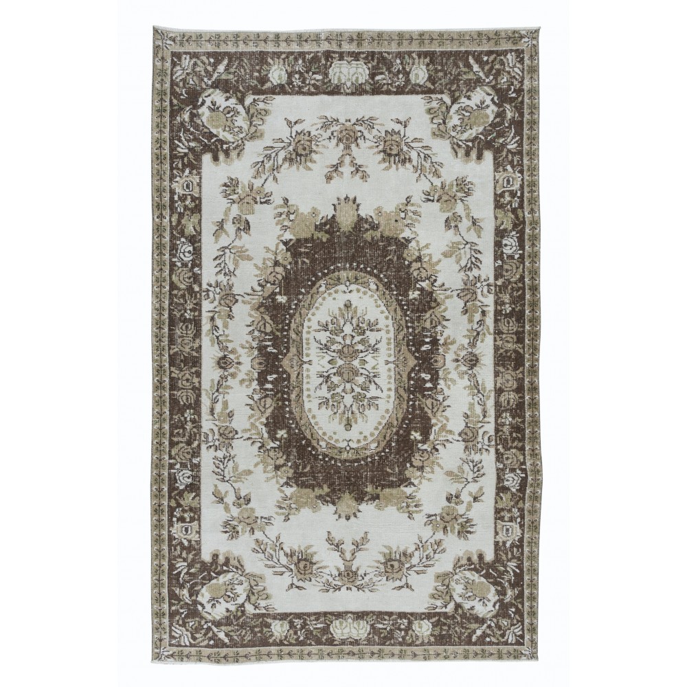 Classic Aubusson Inspired Vintage Rug in Beige and Brown, Sun Faded Hand Knotted Wool Carpet