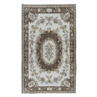 Classic Aubusson Inspired Vintage Rug in Beige and Brown, Sun Faded Hand Knotted Wool Carpet