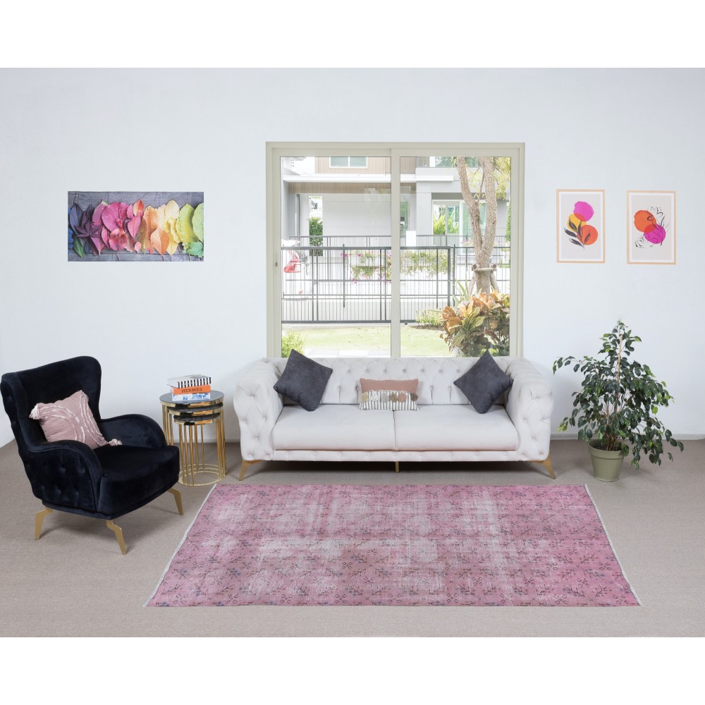 Handmade Area Rug in Soft Pink, Modern Turkish Wool Carpet, Redyed Floor Covering