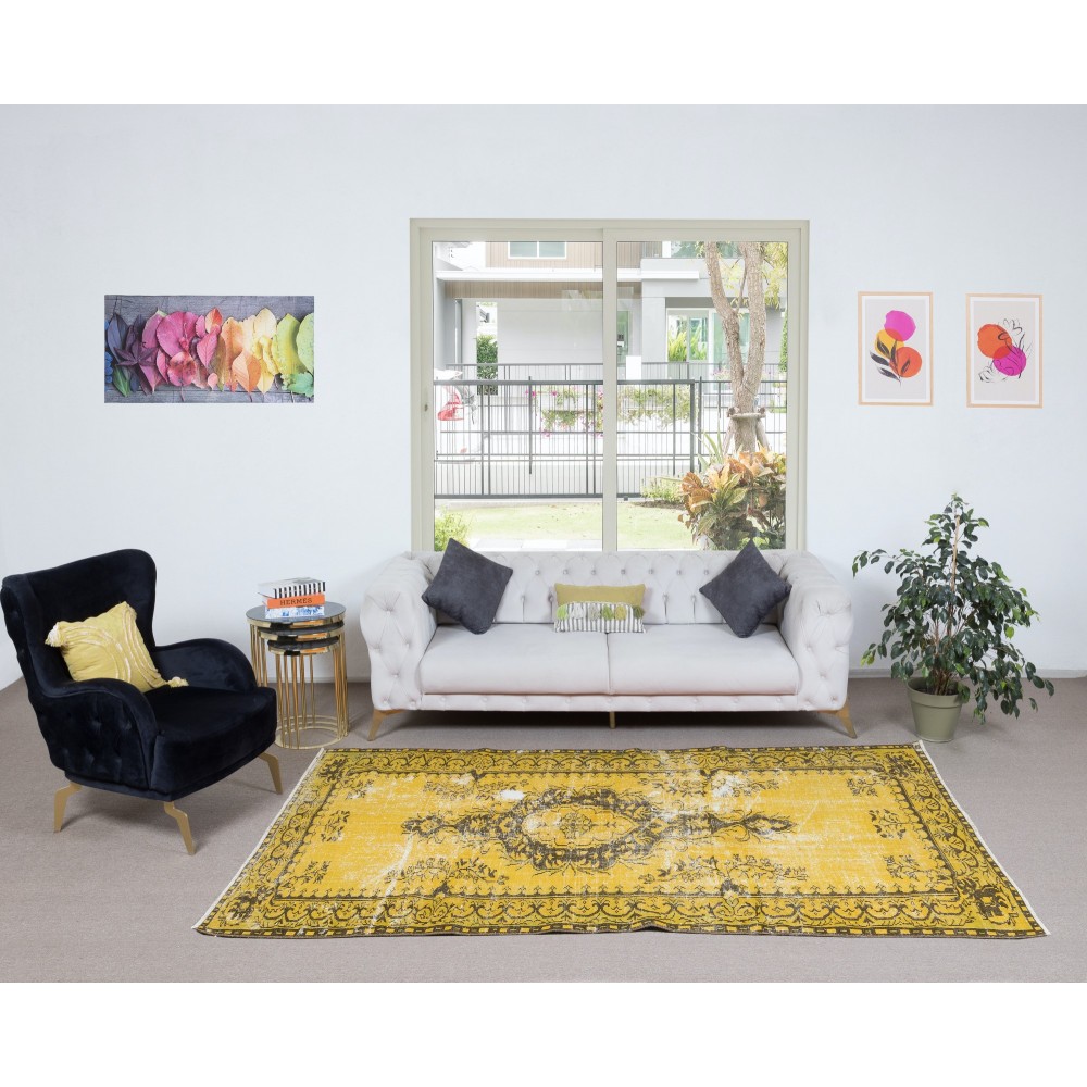 Distressed Yellow Area Rug for Modern Interiors, Hand Knotted in Turkey