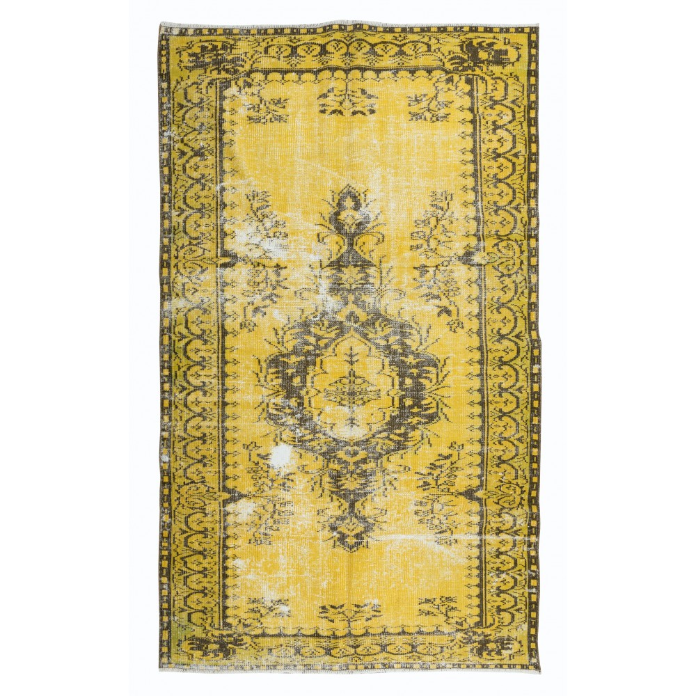 Distressed Yellow Area Rug for Modern Interiors, Hand Knotted in Turkey