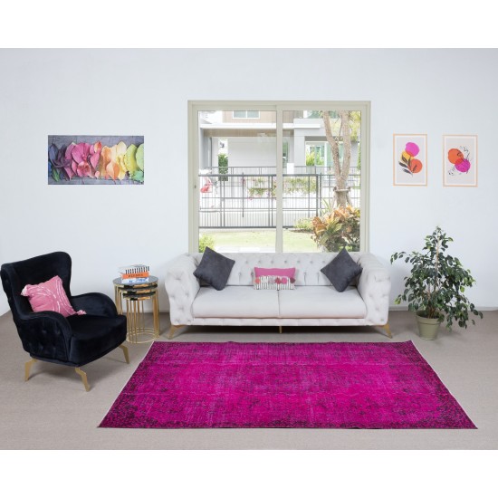 Hot Pink Anatolian Area Rug with Medallion, Modern Handmade Carpet