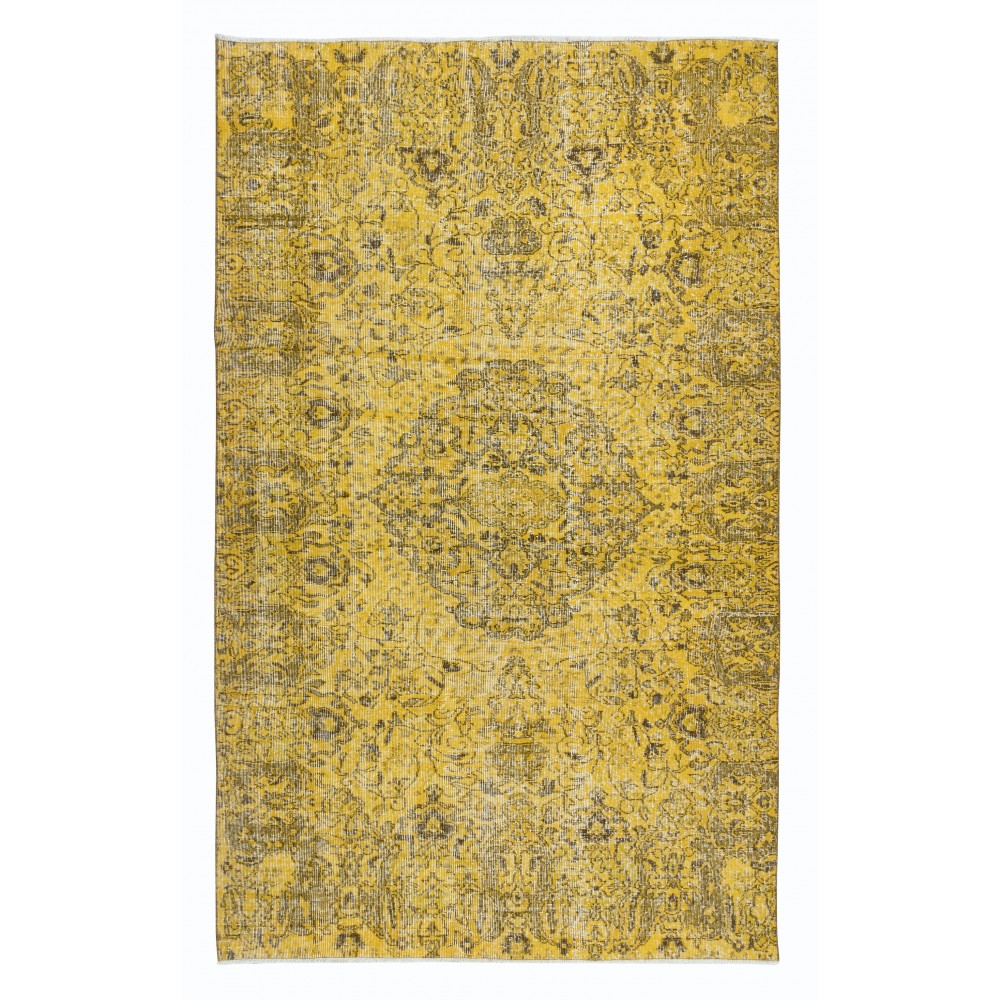 Decorative Handmade Turkish Area Rug in Yellow with Medallion Design