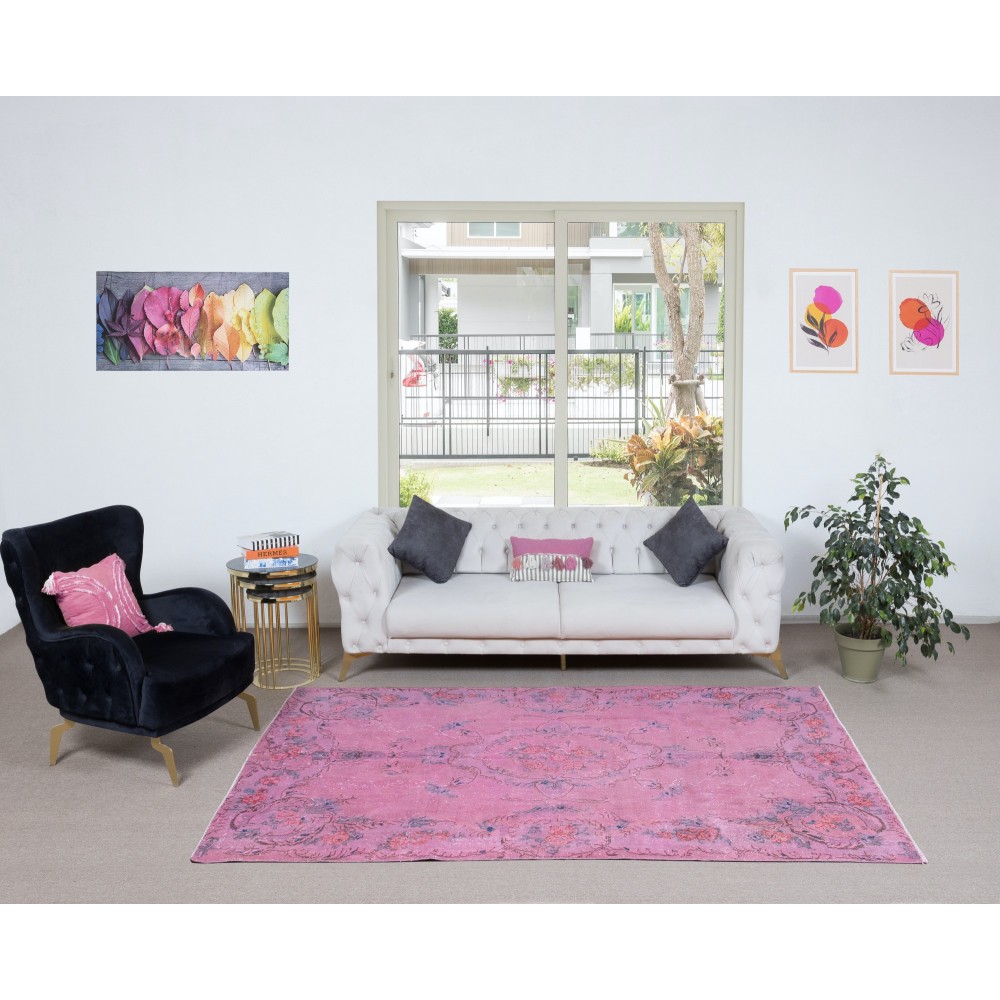 Contemporary Handmade Turkish Area Rug in Soft Pink, Floral Design Wool Carpet