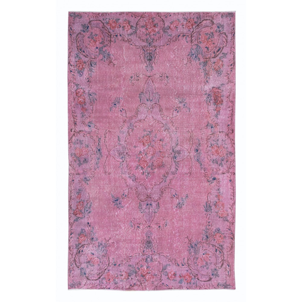 Contemporary Handmade Turkish Area Rug in Soft Pink, Floral Design Wool Carpet
