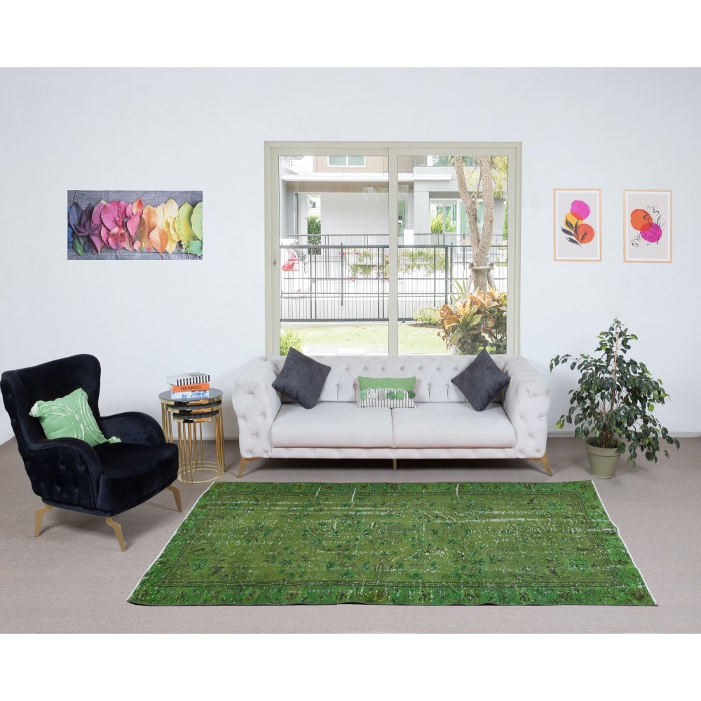Hand-Made Turkish Area Rug in Green, Modern Upcycled Carpet