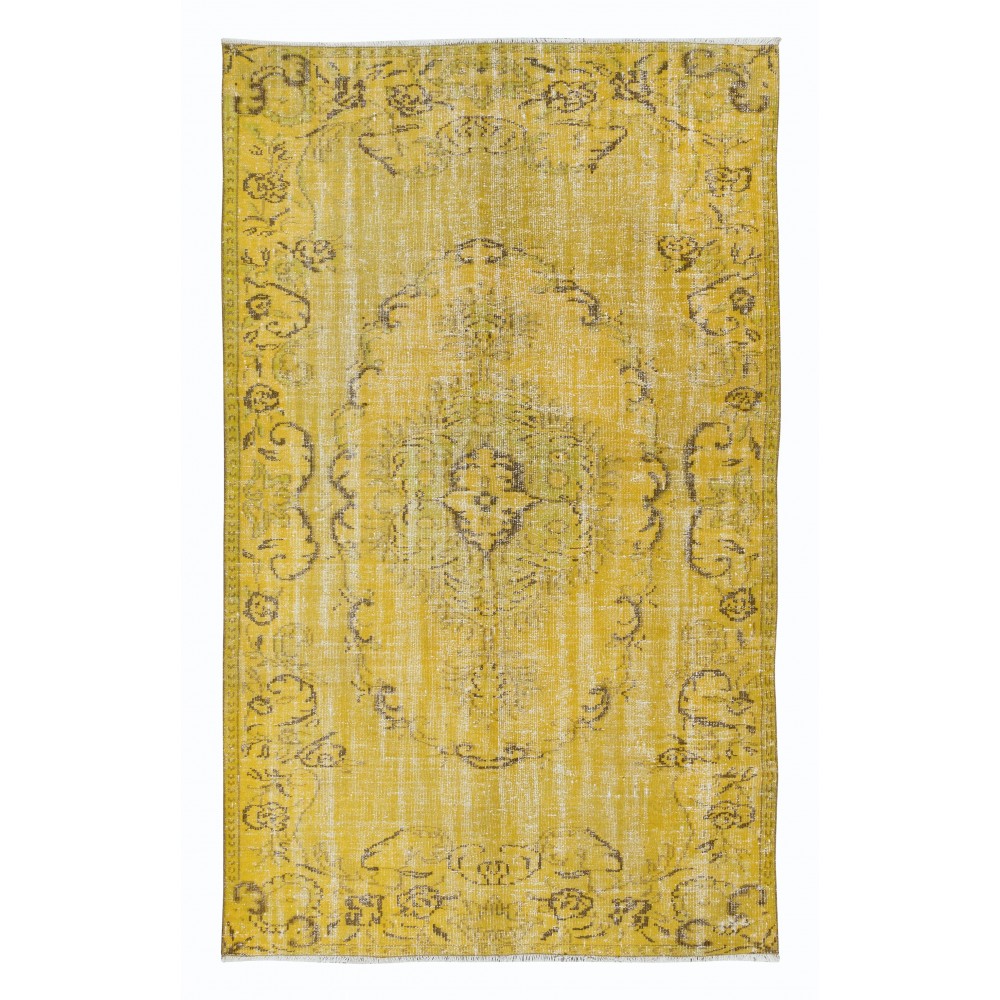 Upcycled Handmade Turkish Area Rug, Yellow Over-Dyed Carpet for Home & Office Decor