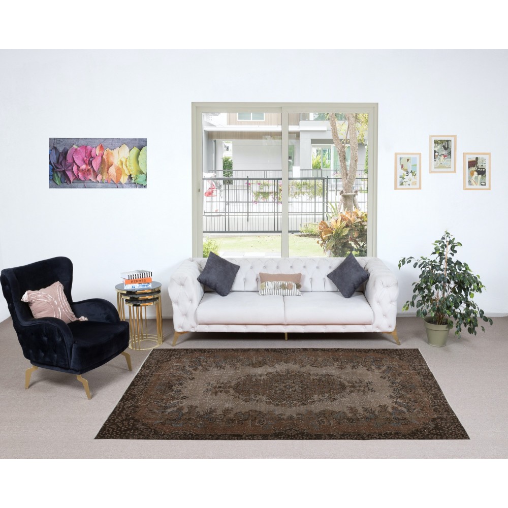 Modern Turkish Area Rug, Brown Handmade Carpet with Medallion Design