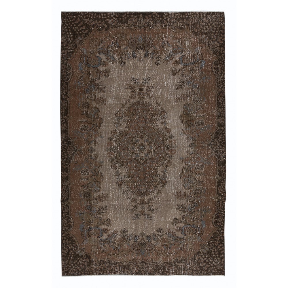 Modern Turkish Area Rug, Brown Handmade Carpet with Medallion Design