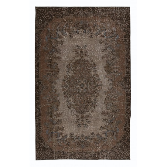 Rustic Turkish Area Rug, Brown Handmade Modern Carpet with Medallion Design