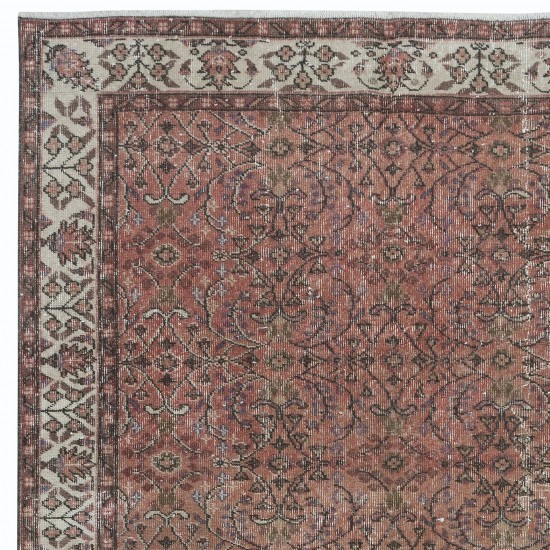 Vintage Turkish Area Rug in Red & Beige, Hand Knotted Floral Carpet