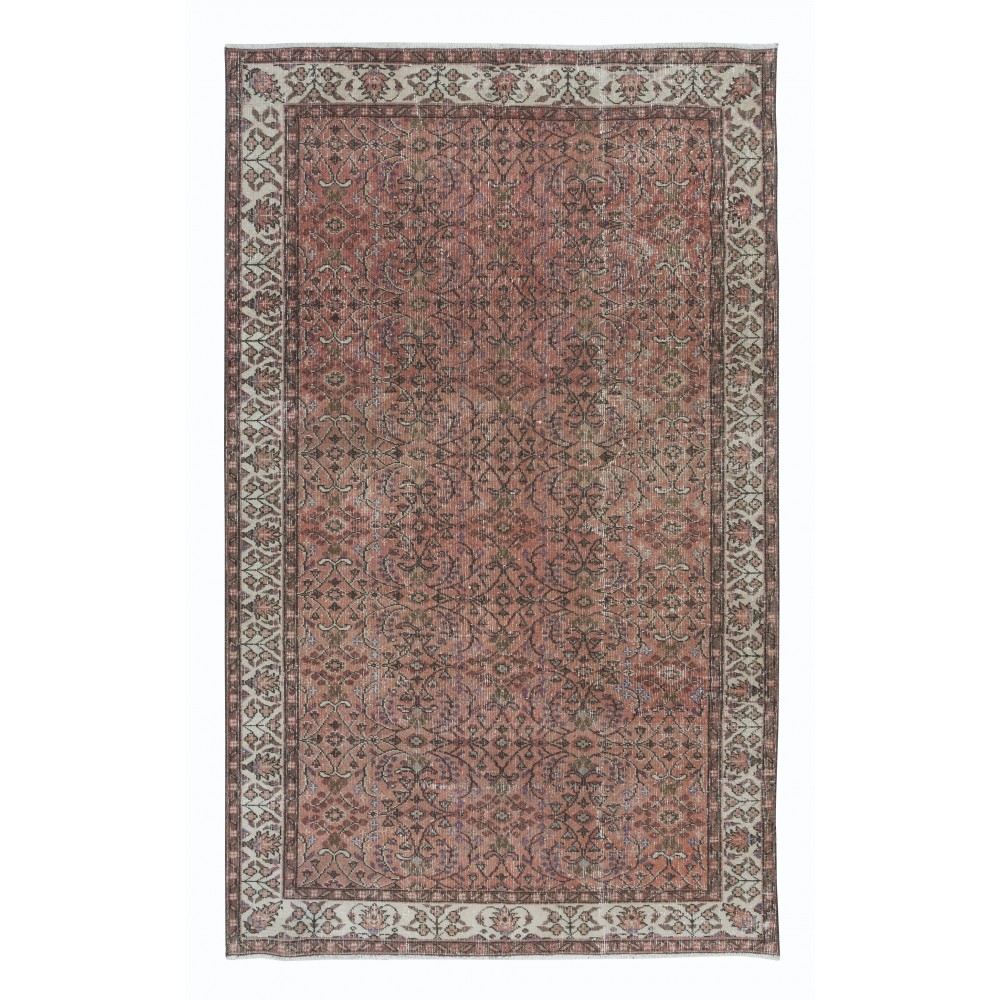 Vintage Turkish Area Rug in Red & Beige, Hand Knotted Floral Carpet