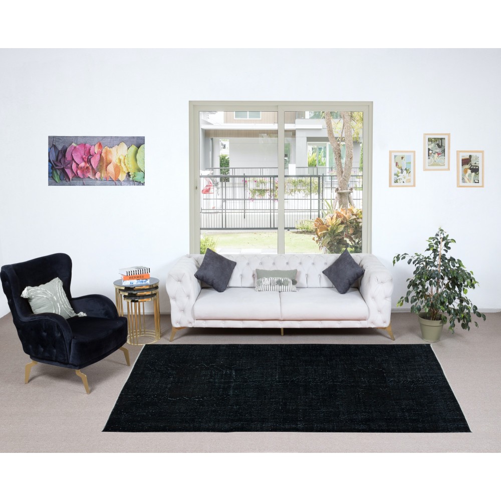 Plain Black Area Rug, Handknotted and Handwoven in Turkey