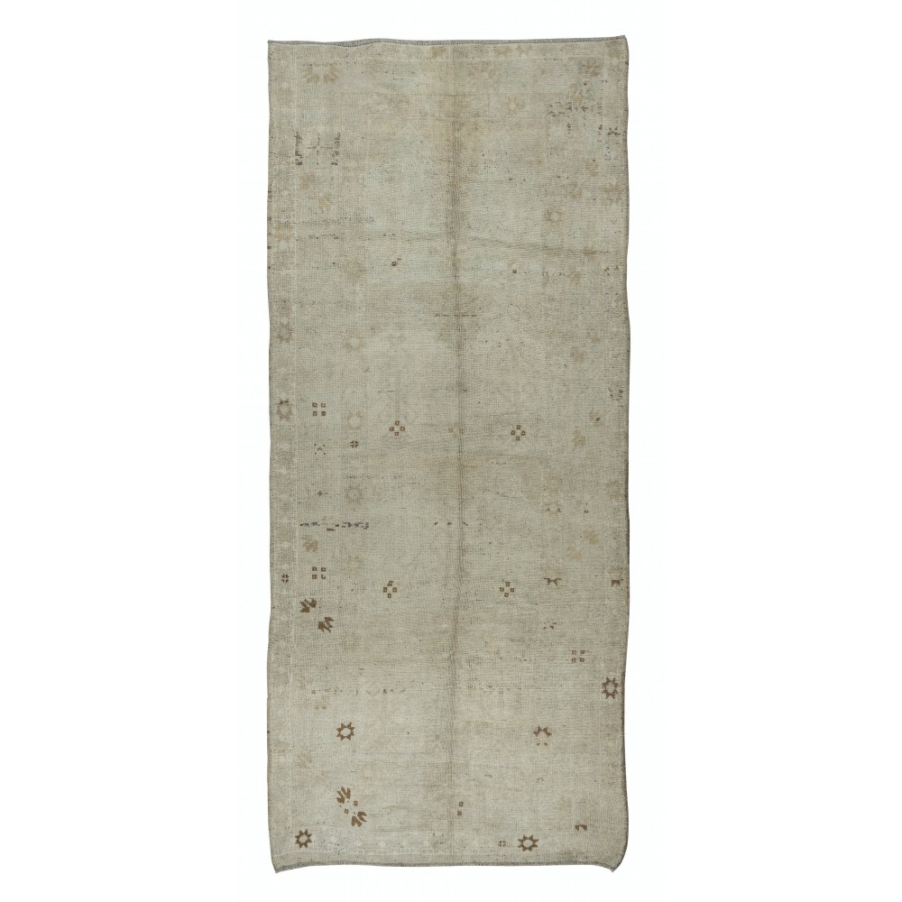 Vintage Turkish Wool Rug in Beige, Hand Knotted Oushak Carpet