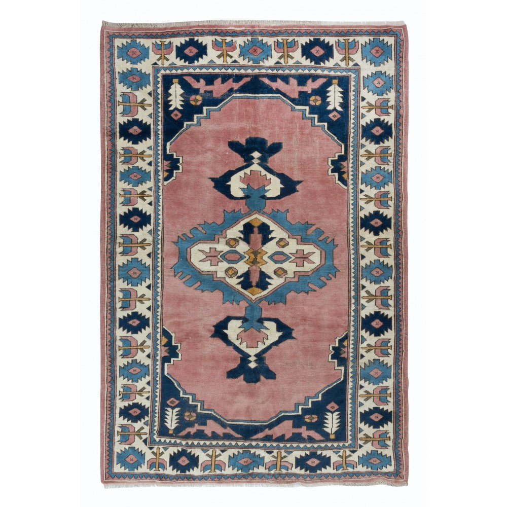 Vintage Hand Knotted Medallion Design Turkish Area Rug, 100% Wool