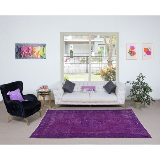 Modern Handmade Turkish Rug in Purple & Purplish Blue. Room Size Upcycled Living Room Carpet
