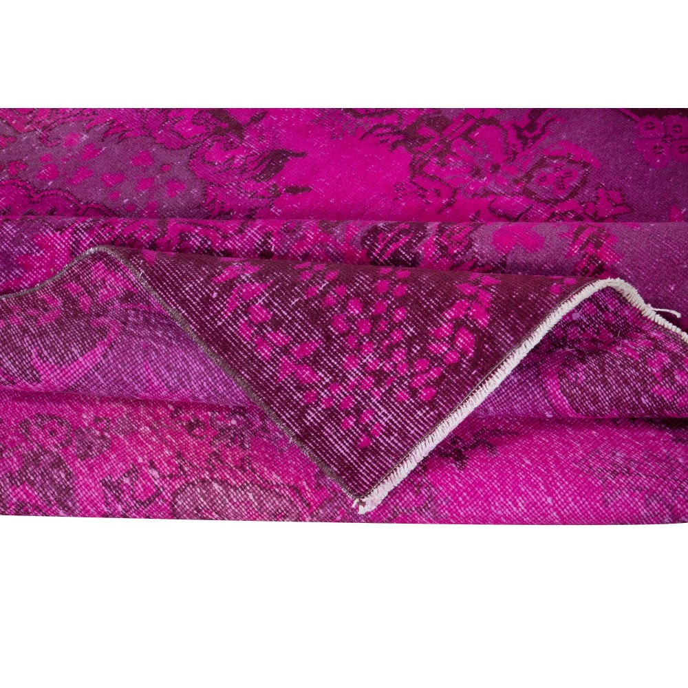 Hot Pink Handmade Turkish Low Pile Rug with Medallion, Woolen Floor Covering