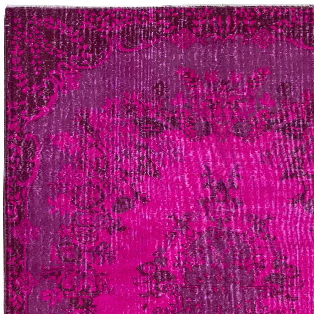 Hot Pink Handmade Turkish Low Pile Rug with Medallion, Woolen Floor Covering