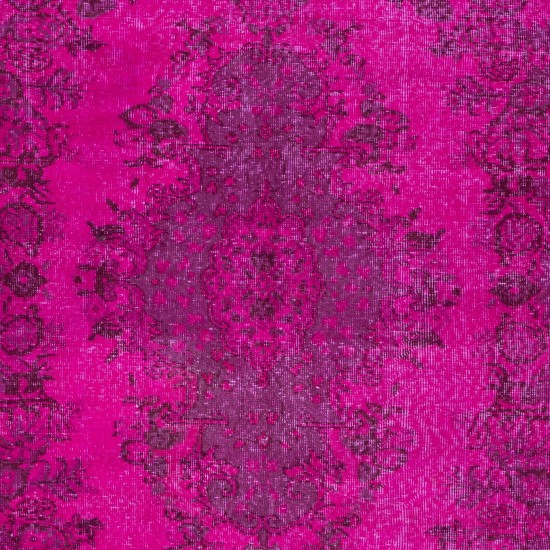 Hot Pink Handmade Turkish Low Pile Rug with Medallion, Woolen Floor Covering