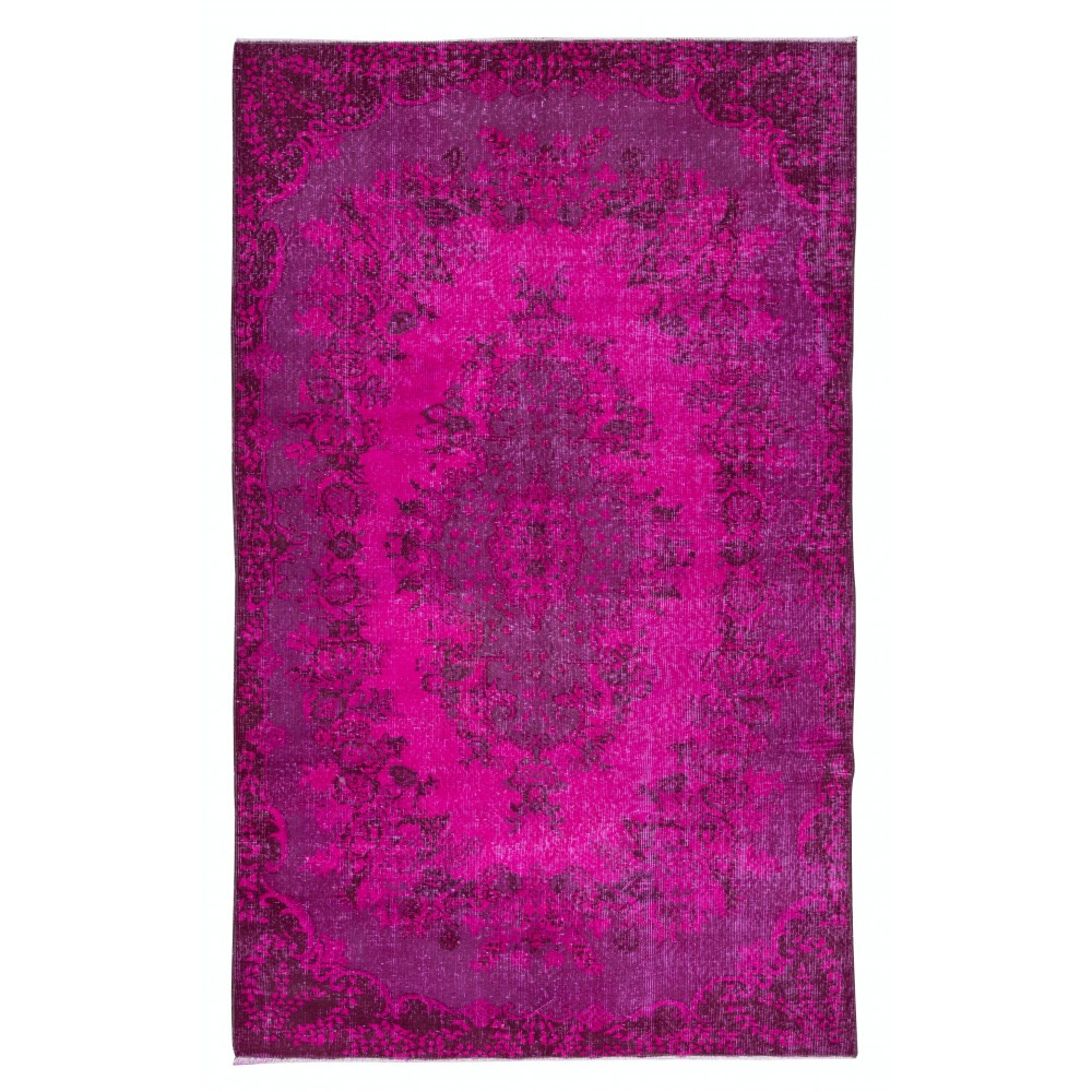 Hot Pink Handmade Turkish Low Pile Rug with Medallion, Woolen Floor Covering