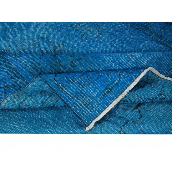 Chinese Art Deco Inspired Handmade Blue Re-Dyed Area Rug for Modern Interiors