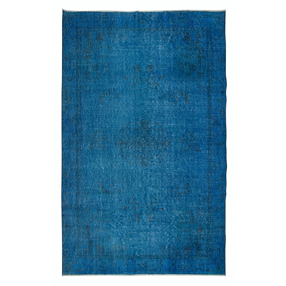 Chinese Art Deco Inspired Handmade Blue Re-Dyed Area Rug for Modern Interiors