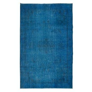 Chinese Art Deco Inspired Handmade Blue Re-Dyed Area Rug for Modern Interiors