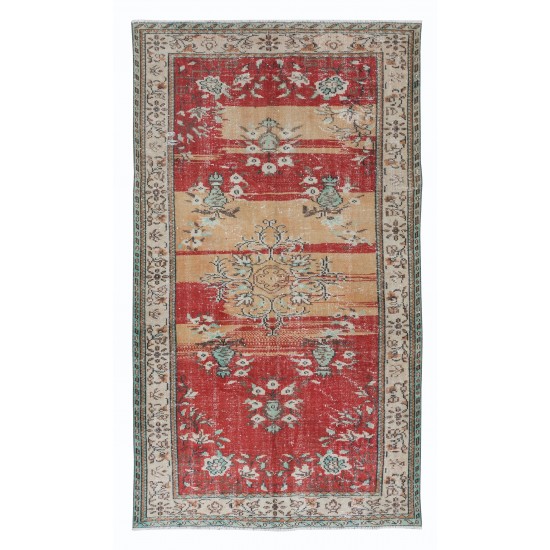 Unusual Mid-20th Century Art Deco Rug, Hand Knotted Carpet in Red & Beige