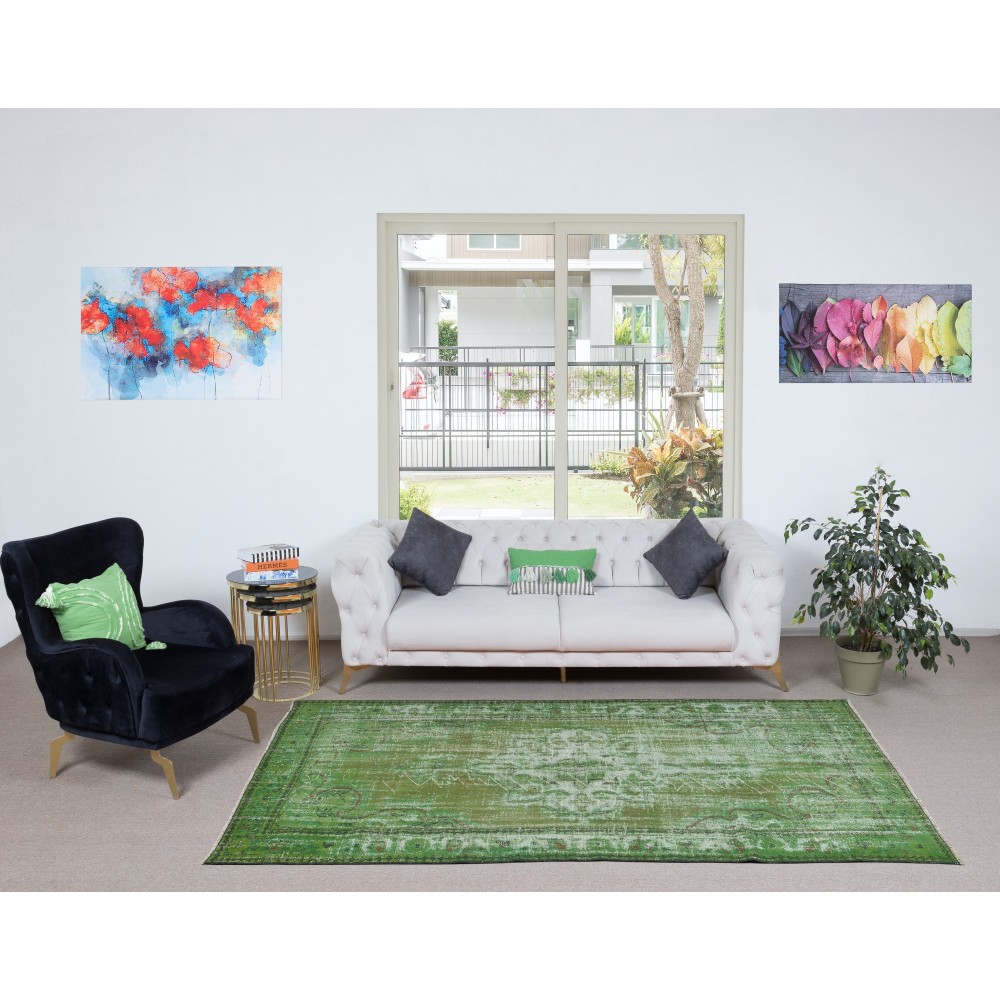 Handmade Turkish Area Rug in Green, Modern Home Decor Carpet, Art for the Floor