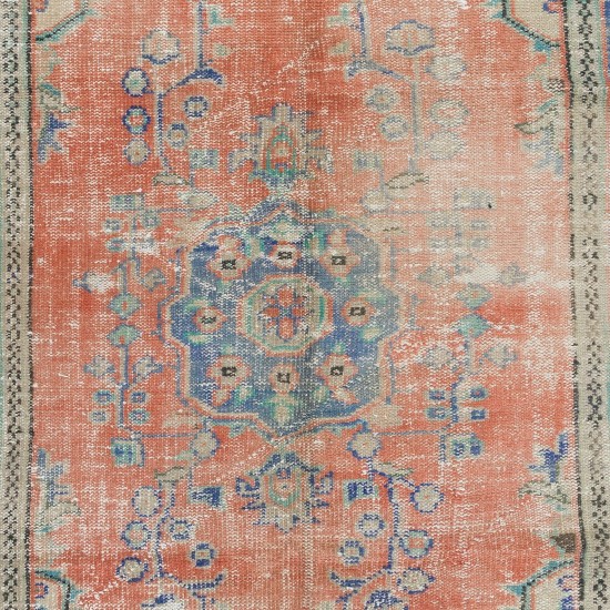Hand Knotted Turkish Rug in Soft Red, Dark Blue & Beige. One of a kind Vintage Carpet