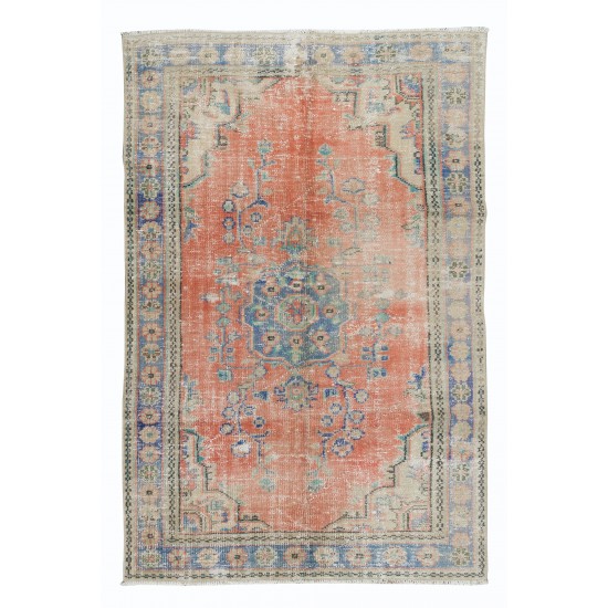 Hand Knotted Turkish Rug in Soft Red, Dark Blue & Beige. One of a kind Vintage Carpet