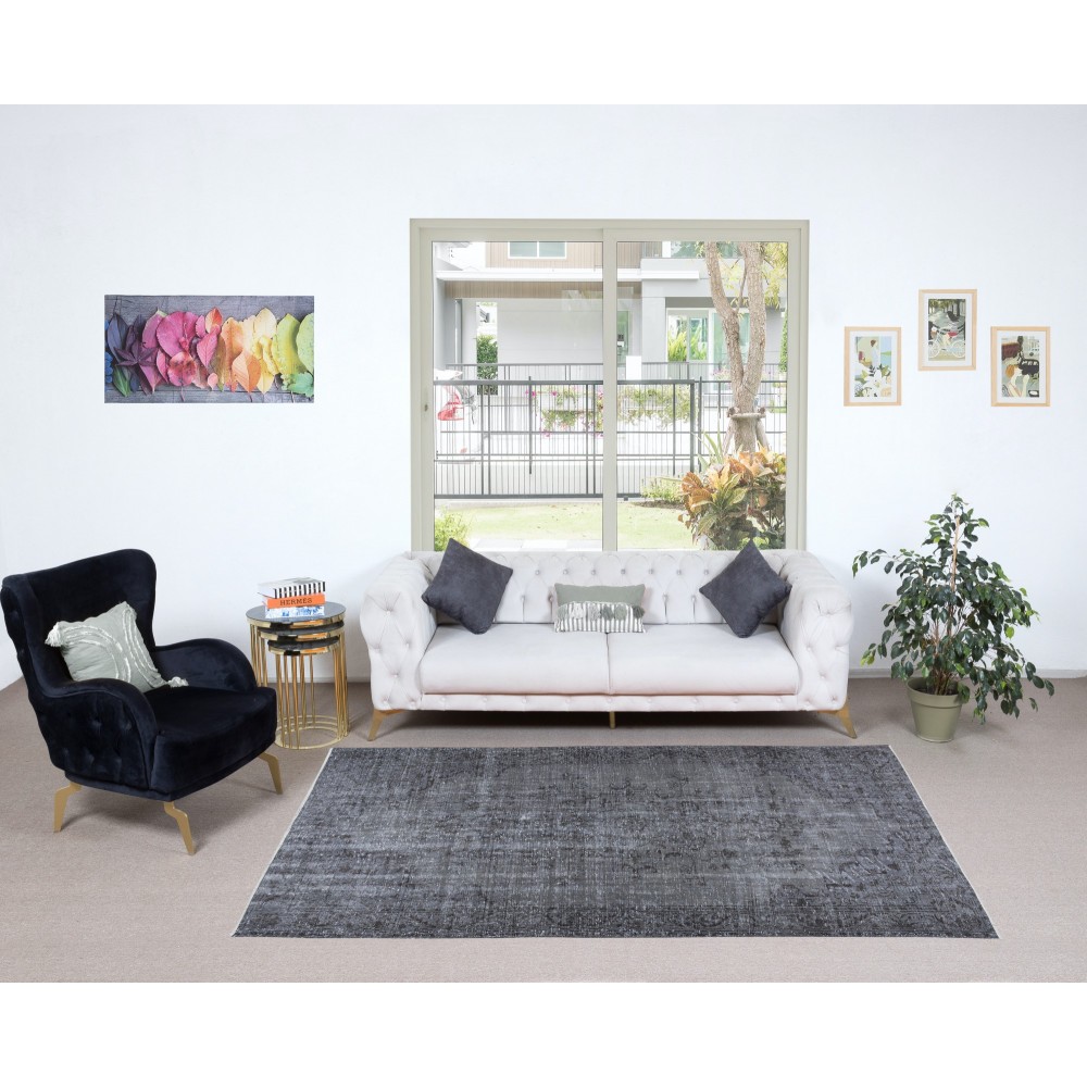 Distressed Handmade Gray Area Rug, Turkish Wool Carpet, Ideal for Modern Interiors