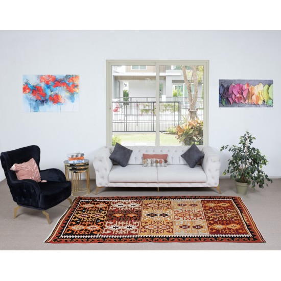 Vintage Flat-Weave Kilim, Geometric Hand-Woven Rug, Colorful Carpet, 100% Wool