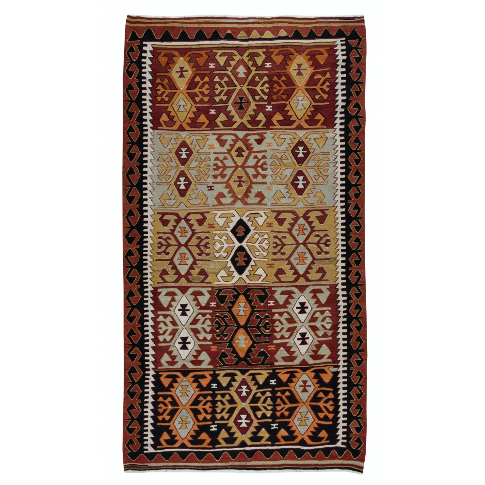 Vintage Flat-Weave Kilim, Geometric Hand-Woven Rug, Colorful Carpet, 100% Wool