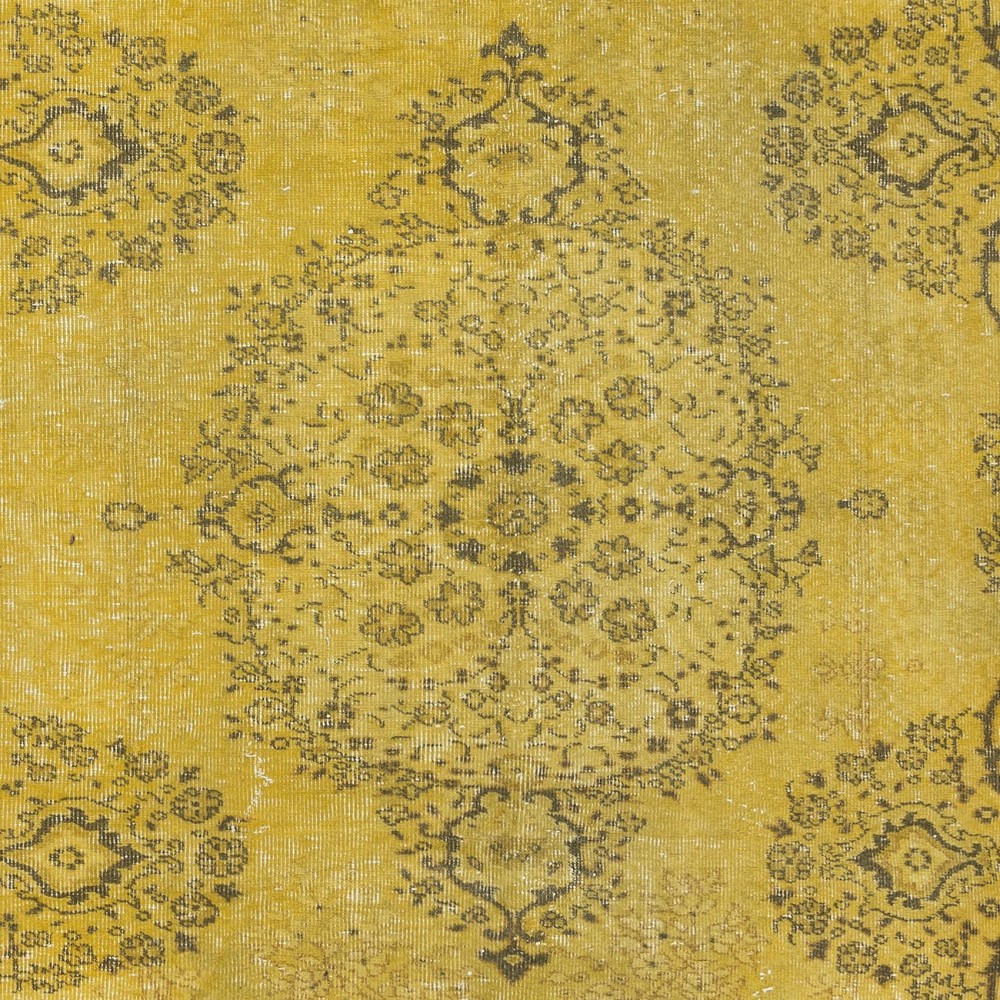 Upcycled Handmade Turkish Area Rug, Yellow Over-Dyed Carpet with Medallion Design
