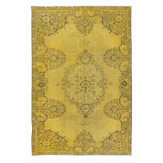 Upcycled Handmade Turkish Area Rug, Yellow Over-Dyed Carpet with Medallion Design