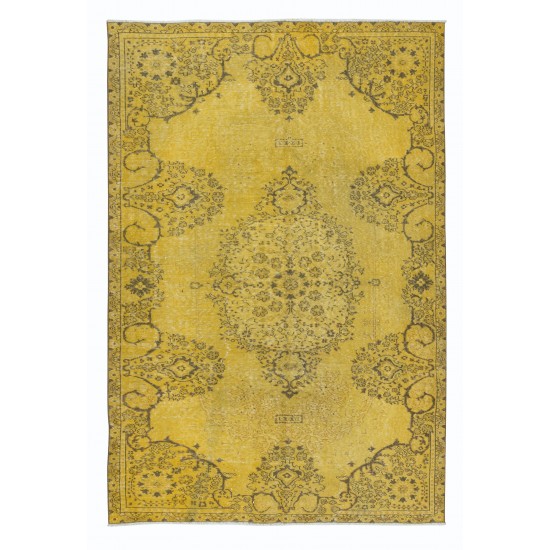 Upcycled Handmade Turkish Area Rug, Yellow Over-Dyed Carpet with Medallion Design