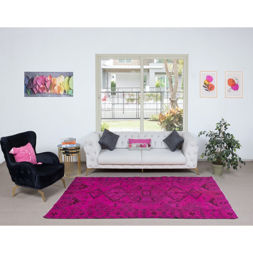 Modern Handmade Bohemian Eclectic Style Turkish Area Rug with Medallions in Hot Pink